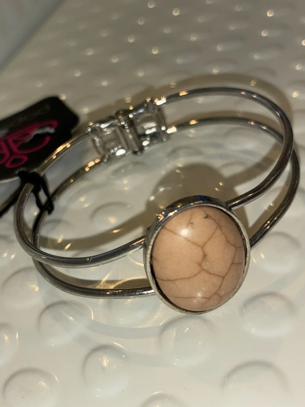 New! Silver Cuff Bangle Bracelet Painted Desert Beige Stone Accent